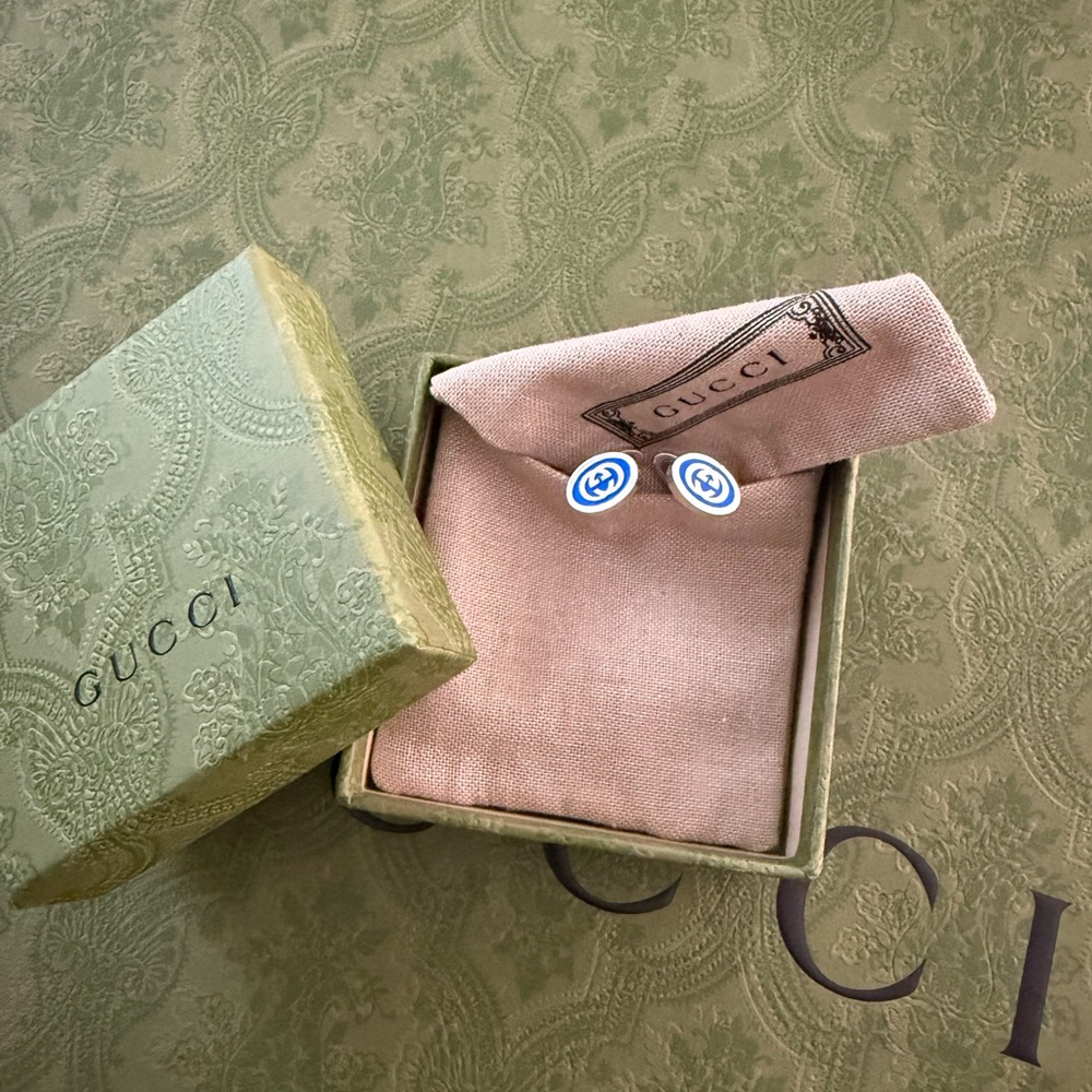 New Gucci Sterling Silver Interlocked G Blue Enamel
Double G Logo Cufflinks - Picture 5 of 9